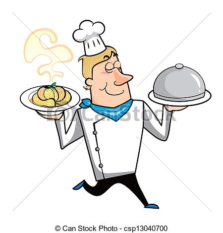 Vector Clipart Of Cartoon Chef With Pasta Bowl And Serving Tray