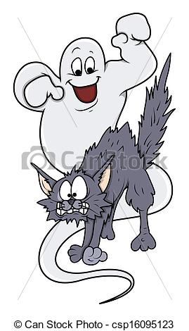 Vector Illustration Of Funny Ghost With Scared Cat Vector   Drawing