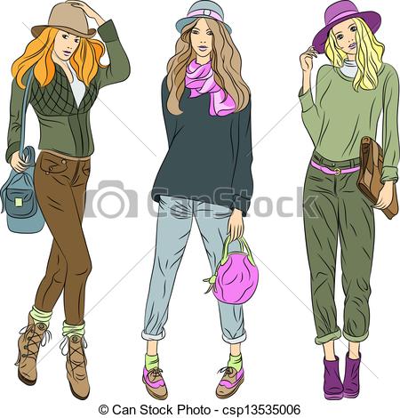 Vector   Vector Beautiful Fashion Girls Top Models In Hats And Pants