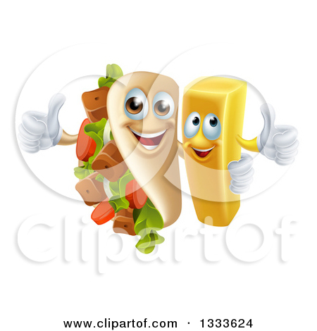 Cartoon Souvlaki Kebab Sandwich Mascot And French Fry Character Giving