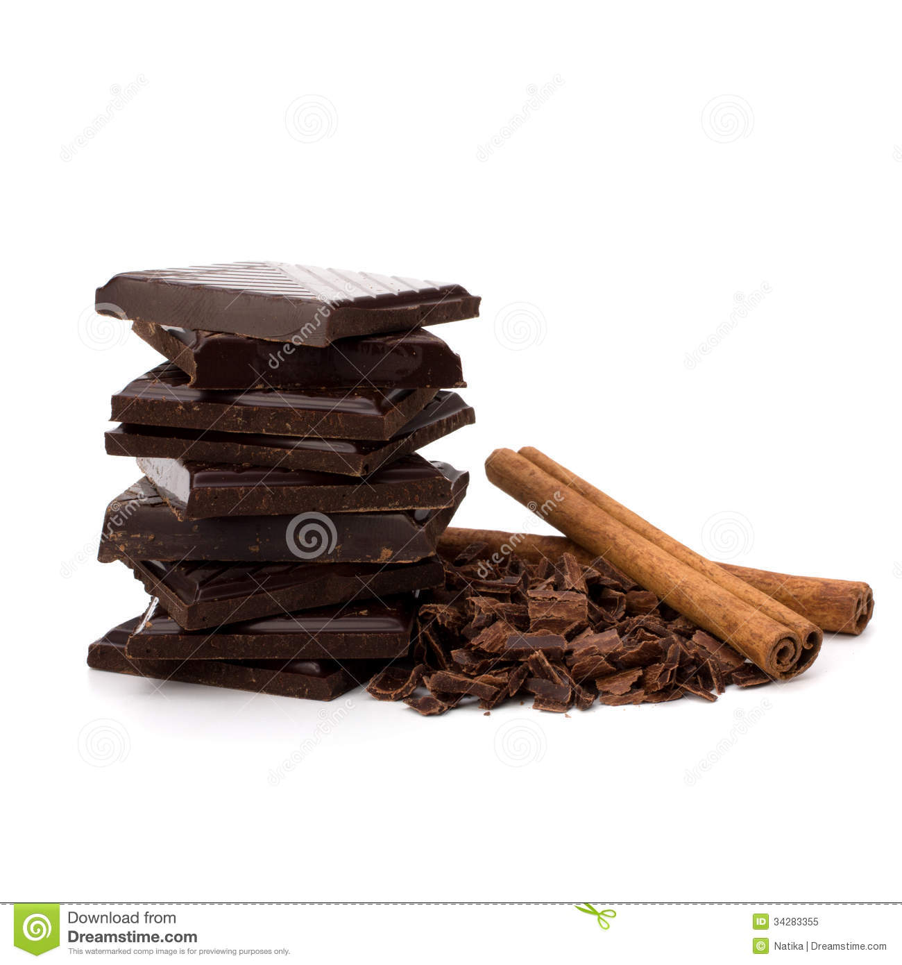 Chocolate Bars Stack And Cinnamon Sticks Isolated On White Background 