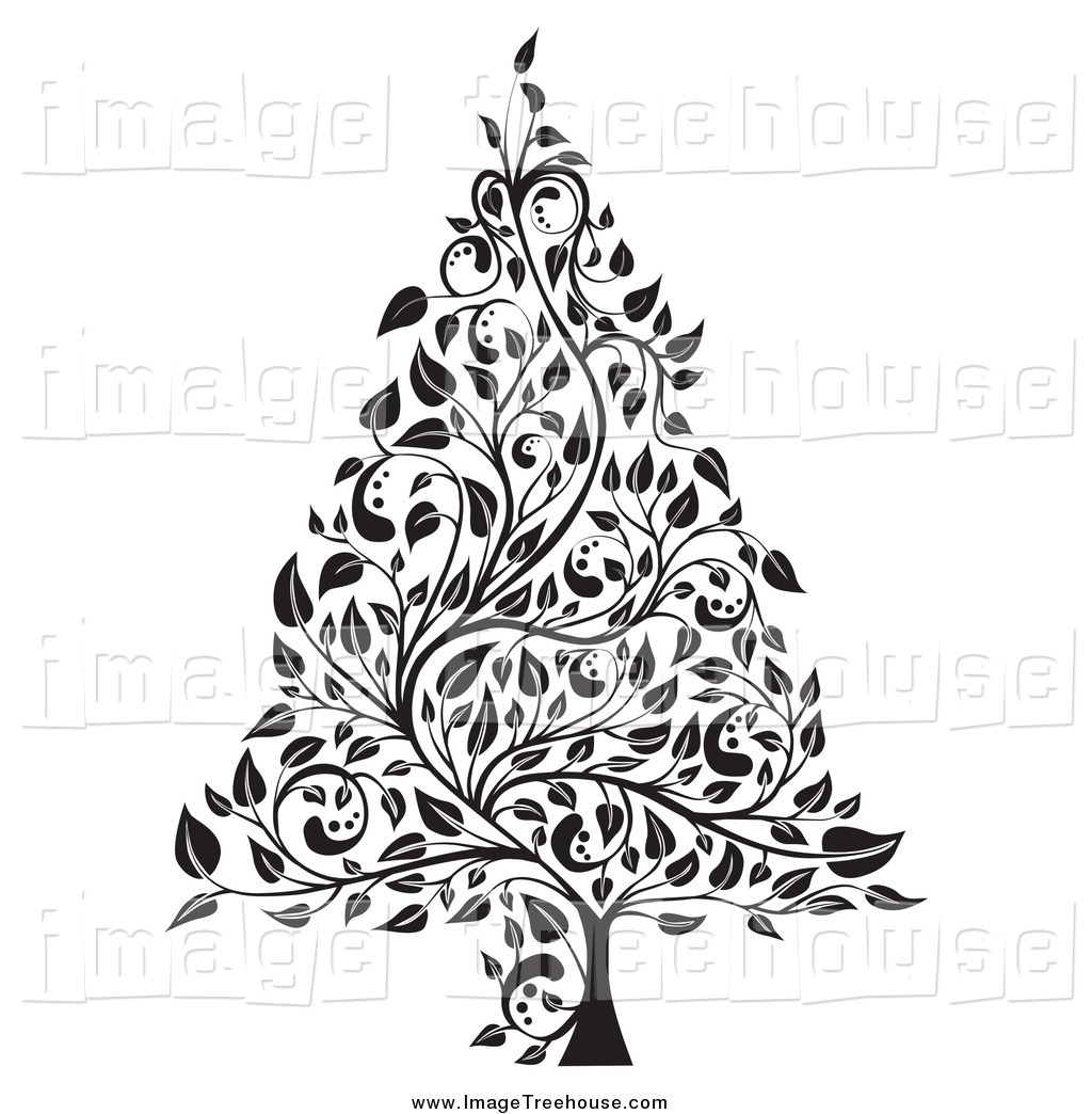 Clipart Of A Black And White Floral Vine Christmas Tree
