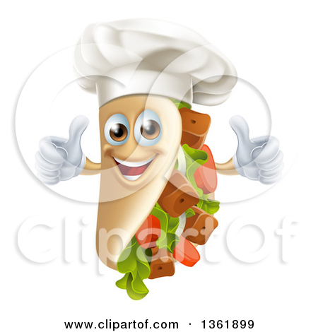 Clipart Of A Cartoon Chef Gourmet Souvlaki Kebab Sandwich Mascot