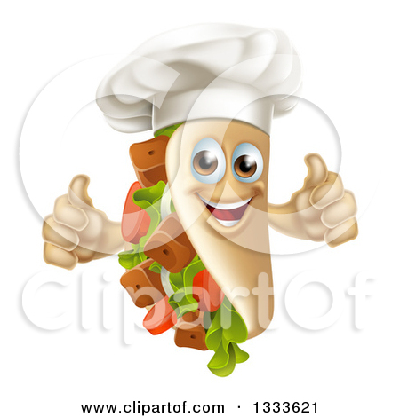 Clipart Of A Cartoon Chef Souvlaki Kebab Sandwich Mascot Giving Two    