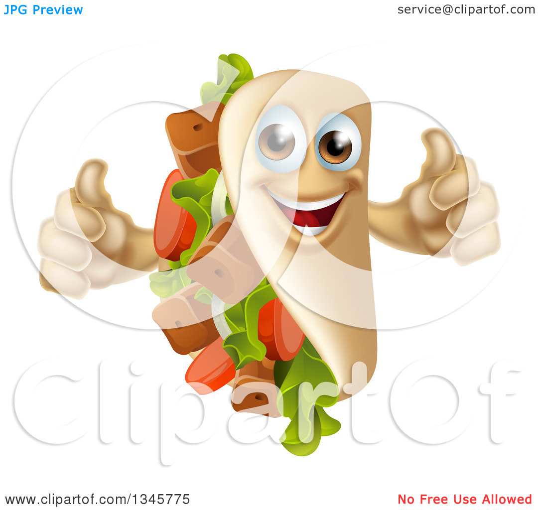 Clipart Of A Cartoon Happy Souvlaki Kebab Sandwich Mascot Giving Two    
