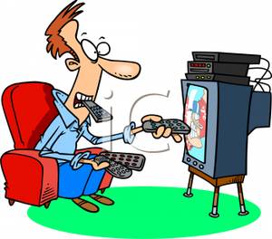 Colorful Cartoon Of A Man With Several Remotes Trying To Watch    