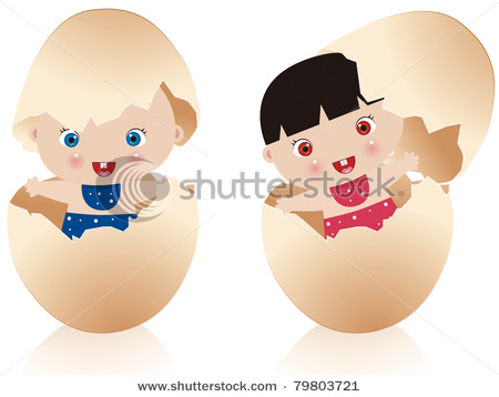 Cute Little Twins In Broken Eggs   Vector Clip Art Picture