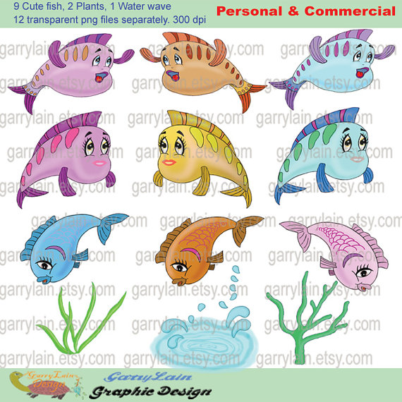 Fish Clip Art Digital Sea Animal Clipart Cute Baby Fish Sea Tree
