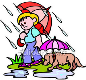 His Dog In The Rain With Umbrellas   Royalty Free Clipart Picture