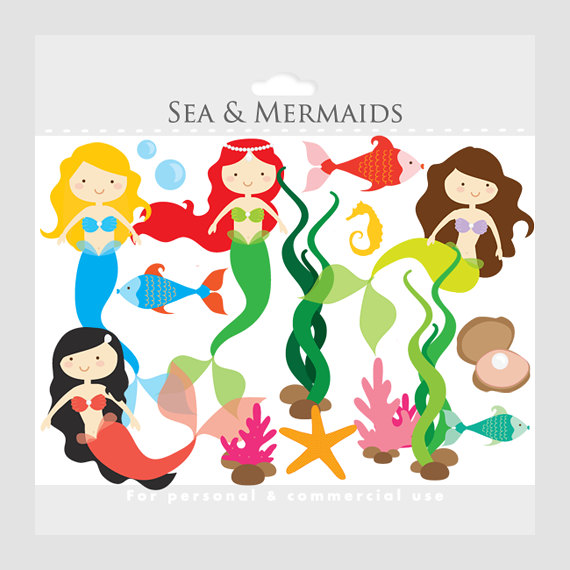 Mermaid Clipart   Mermaids Clip Art Little Sea Ocean Fish Seaweed
