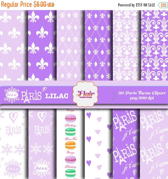 50  Off Ooh La La  Paris  Lilac Digital Paper Fleur De Lis Macarons