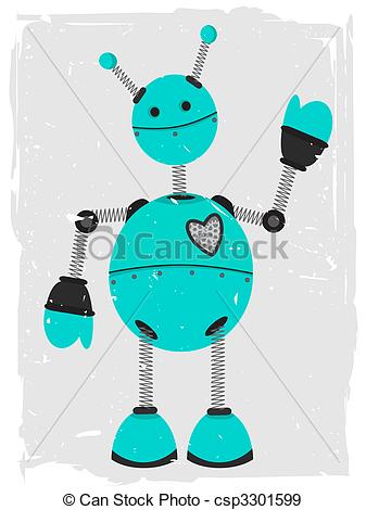 Vectors Of Adorable Robot Waving   Accented By Grunge And Rough Border    