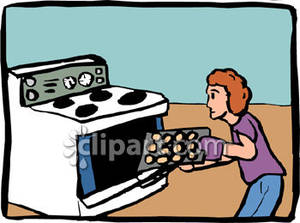 Woman Putting Cookies Into An Oven Royalty Free Clipart Picture