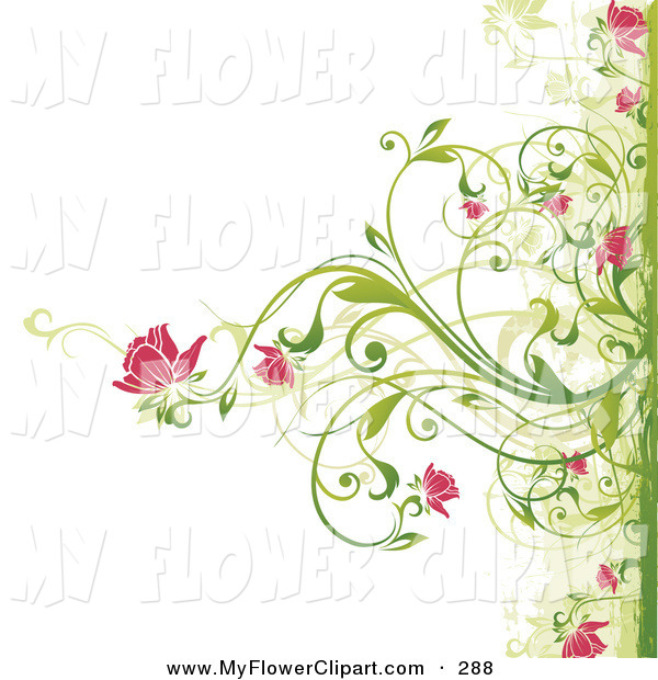 Clip Art Of A Green Plant Blooming Pink Flowers Over A Solid White