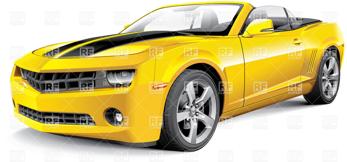 American Muscle Car With Black Racing Stripes   Yellow Convertible