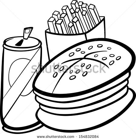 Black And White Cartoon Illustration Of Fast Food Set With Hamburger
