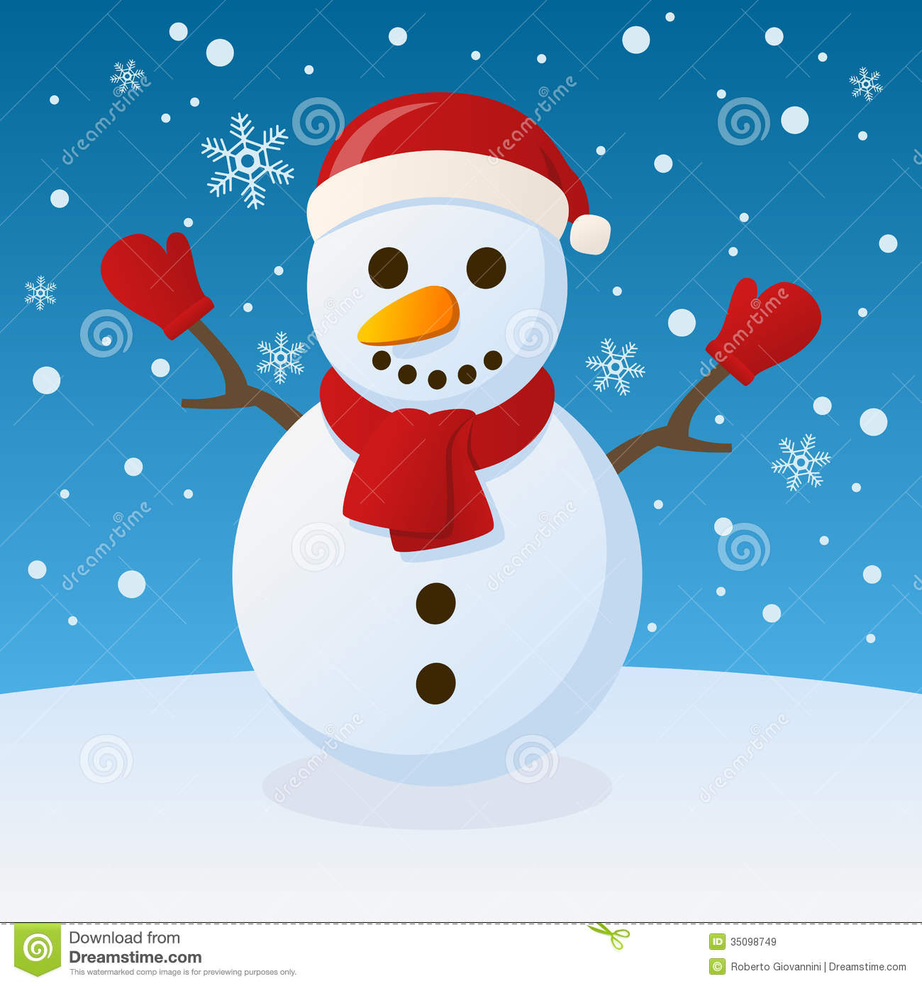 Cartoon Snowman Character With Red Scarf And Gloves In A Snowy Scene