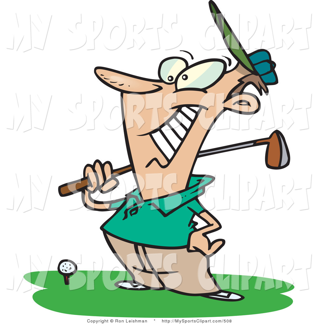 Clip Art Of A Cheerful Male Golfer Near A Ball Holding His Golf Club