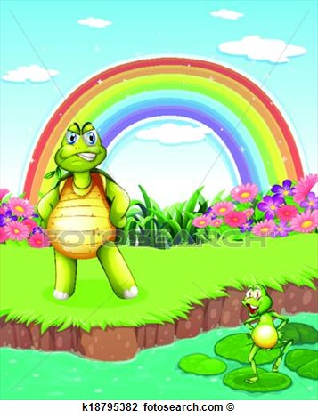 Clipart Of A Turtle And A Frog At The Pond With A Rainbow In The Sky