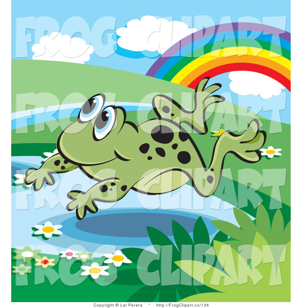 Frog Character Leaping Over A Pond Near A Rainbow By Lal Perera    135