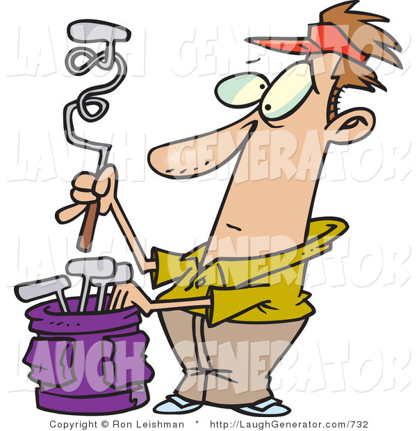 Humorous Clip Art Of A Wide Eyed Male Golfer With A Twisted Club By
