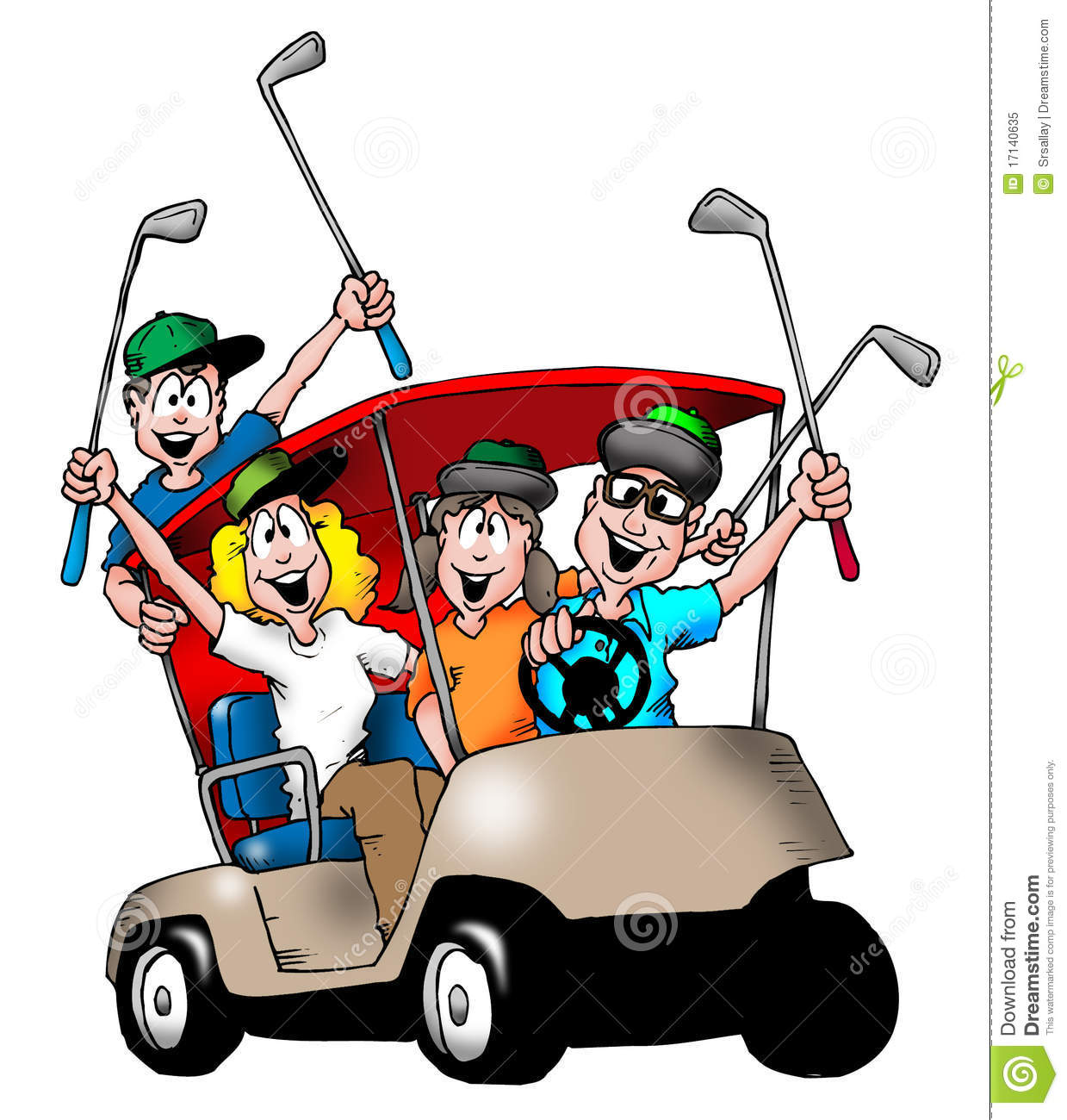 Image Of A Family Playing Golf And Riding In A Golf Cart Together
