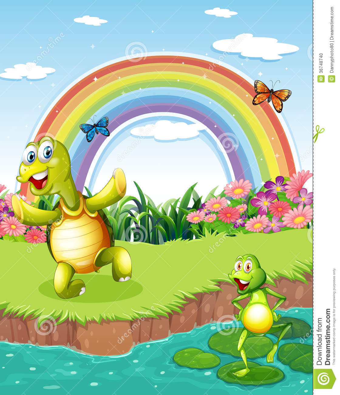 Turtle And A Frog Playing At The Pond With A Rainbow Above Stock