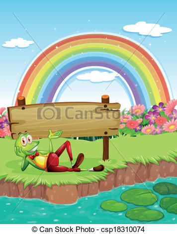 Vector   A Frog At The Pond With A Wooden Board And A Rainbow In The
