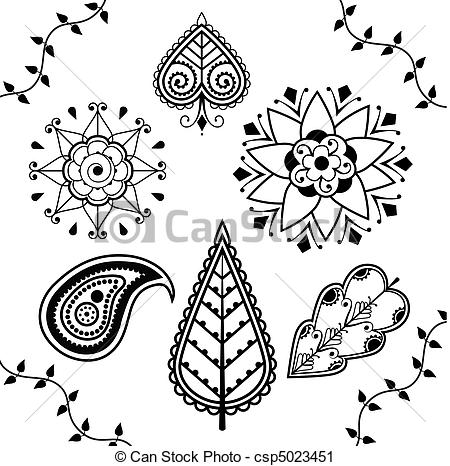 Black And White Indian Henna Design Elements Isolated On A White    