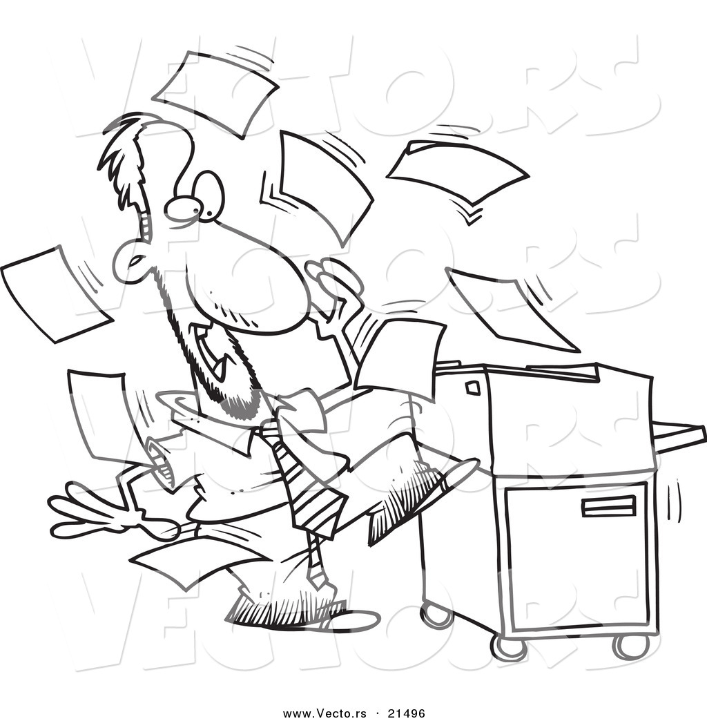 Businessman By A Crazy Copier   Outlined Coloring Page By Ron Leishman
