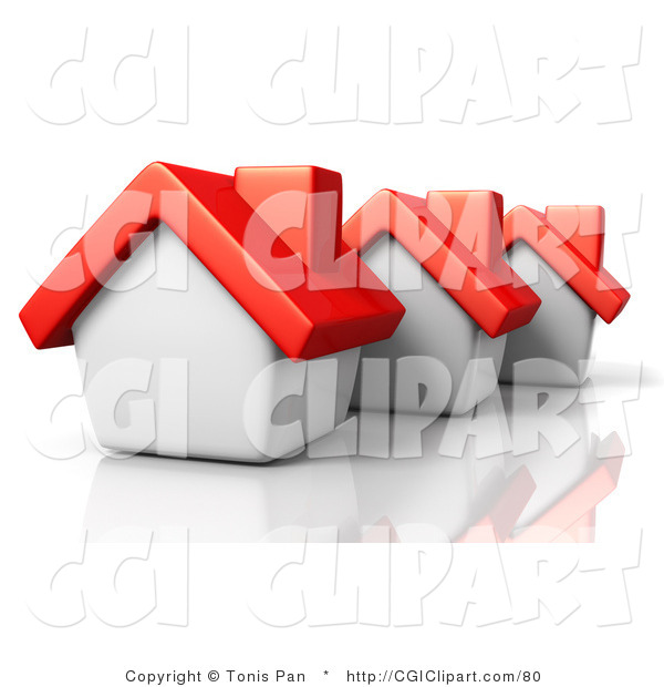 Clip Art Of Three 3d White Homes With Red Roofs All In A Row By Tonis