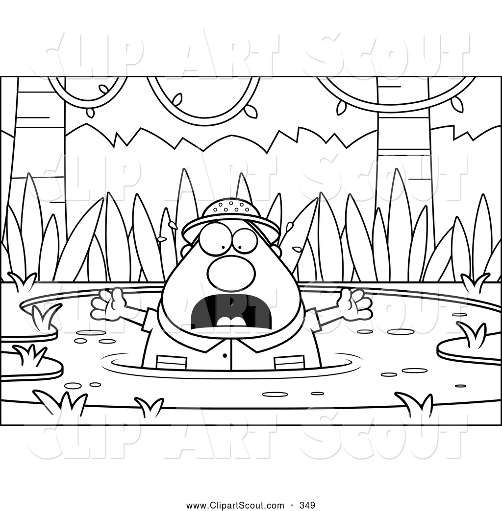 Clipart Of A Worried Black And White Chubby Explorer Drowning In Quick
