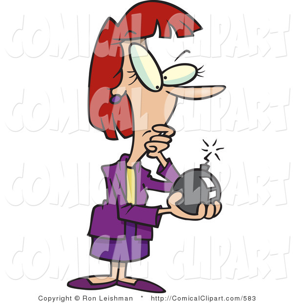 Comical Clip Art Of A Confused Business Woman Holding A Bomb With A