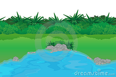Detailed Pond Illustration With Shrubs In The Background