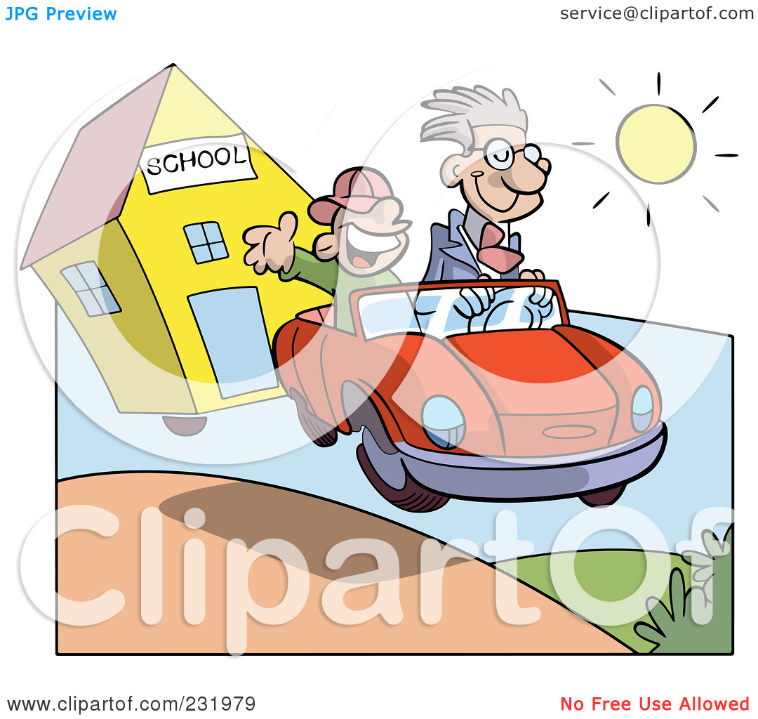 Rf  Clipart Illustration Of A Happy Boy In A Car With His Dad Driving