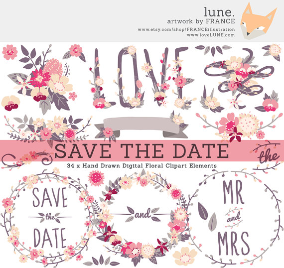Save The Date Wildflower Wedding Clipart  Flower Clip Art Wreaths
