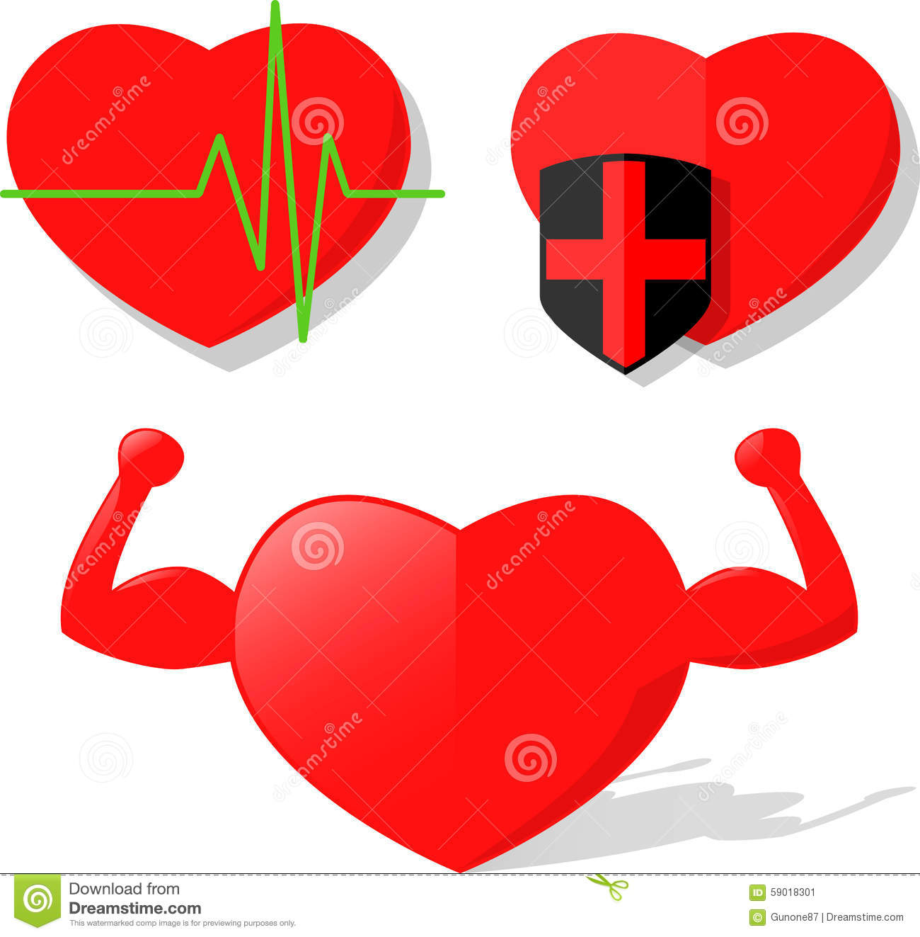 Three Types Of Heart Healthy Red Green Pulse And Black Shield With A    