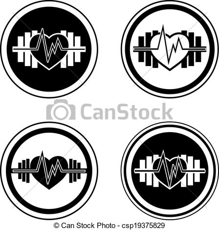 Vector Illustration Of Healthy Sports Vector Heart Barbells And Pulse