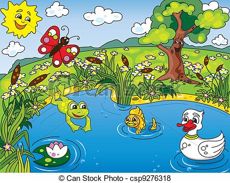 Vector Of Pond Life   Cartoon Kids Illustration Of The Pond Life With