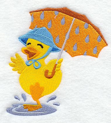 Baby Duck In Rain Puddle With Umbrella   Embroidered Decorative Linen