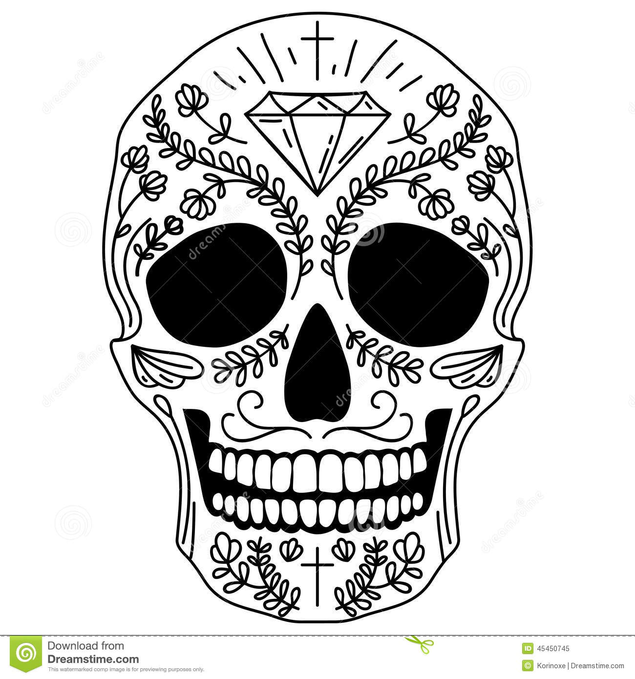 Black And White Vector Isolated Mexican Sugar Skull Human Head
