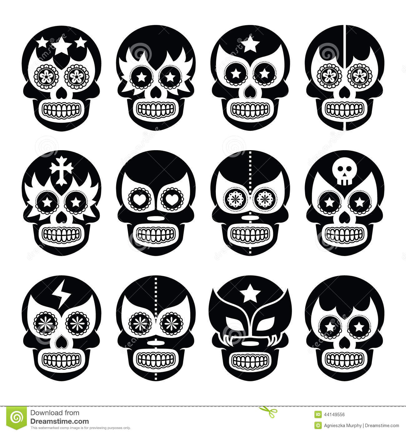     Icons Set Of Mexican Wrestling Masks On Skulls Isolated On White