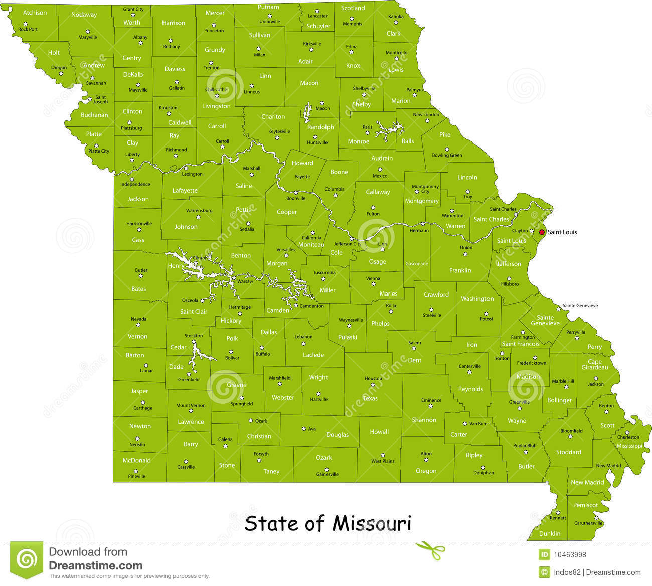 Illustrated Design Of The Map Of Missouri  Usa  Including Counties