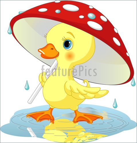 Illustration Of Cute Duckling Wearing Rain Gear Under Mushroom