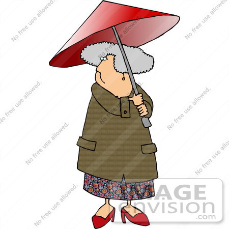 Senior Woman Walking Outdoors Under A Red Umbrella Clipart    19392 By
