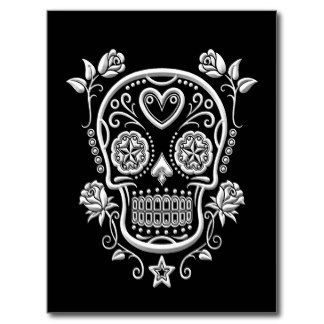 White Sugar Skull With Roses On Black Postcard