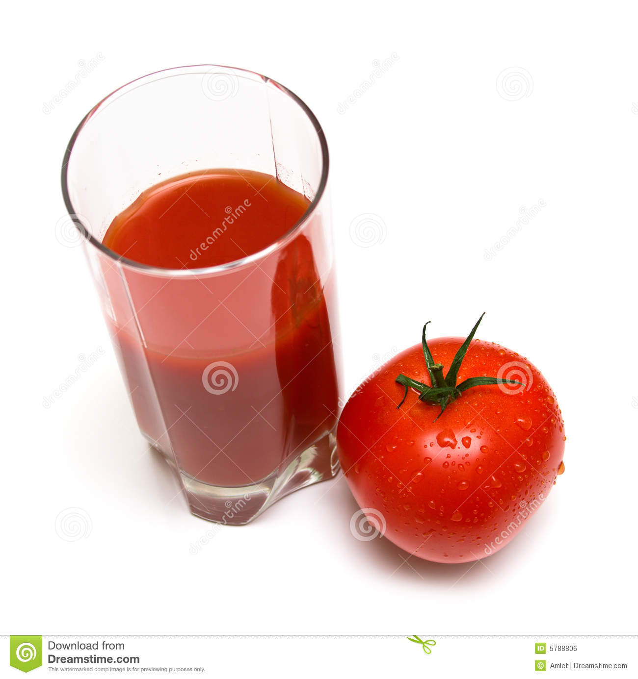 Glass Of Tomato Juice And Juicy Fresh Tomato With Droplets Of Water