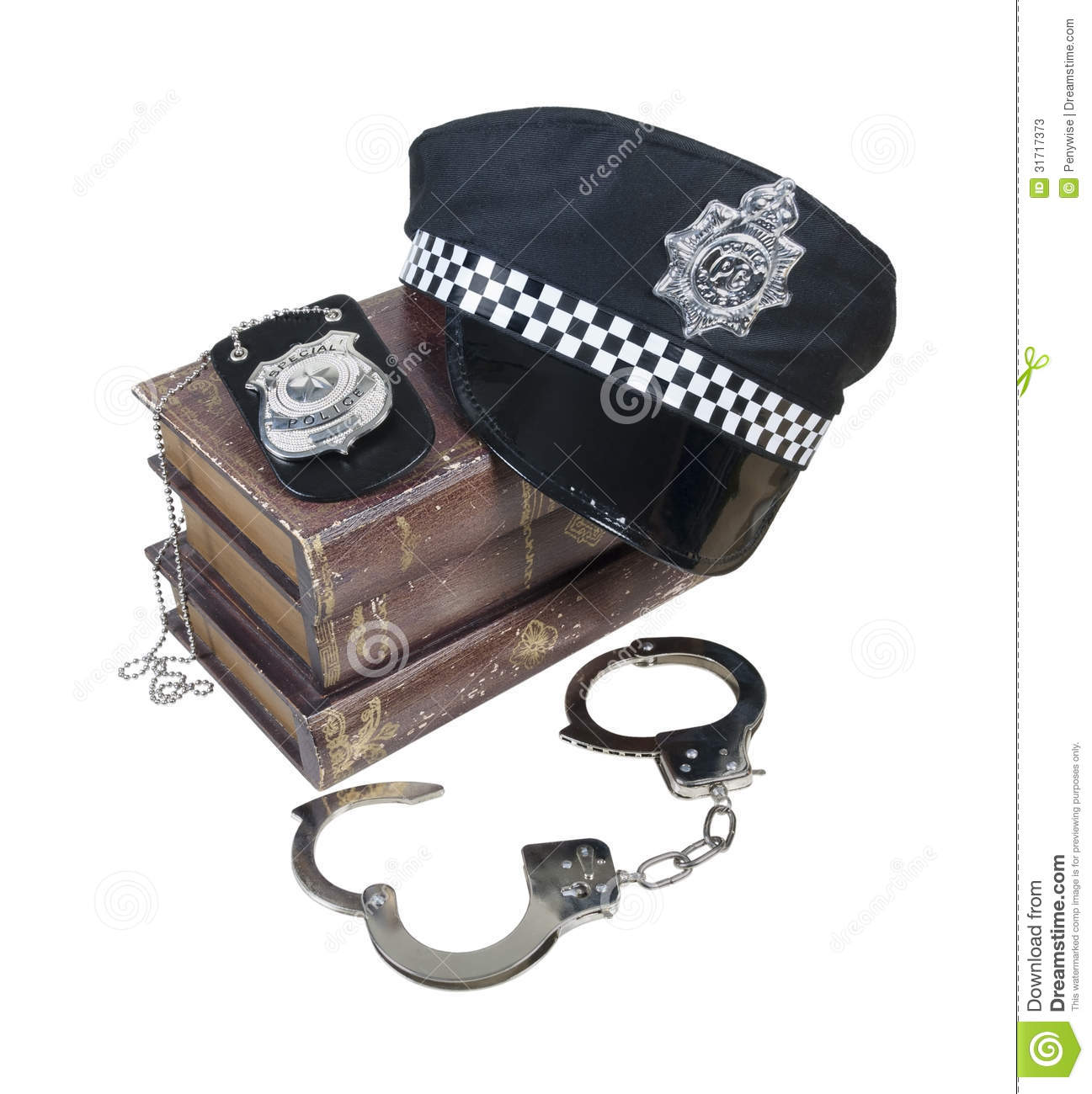 Police And Crime Books With Police Hat Badge And Handcuffs Stock
