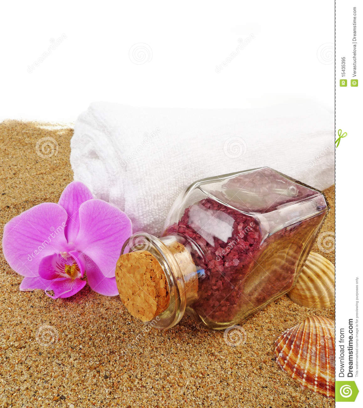 Bath Salt   Tropical Aroma Spa Still Life On Sand Background With