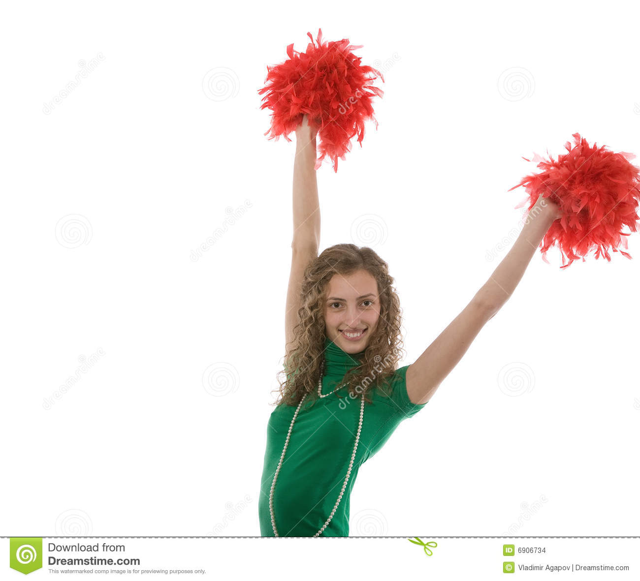 Beautiful Young Cheerleader Smiling And Waving Red Pom Poms White
